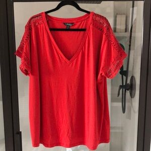 Lauren Ralph Lauren Red V Neck Crochet sleeve trim 2X casual comfortable